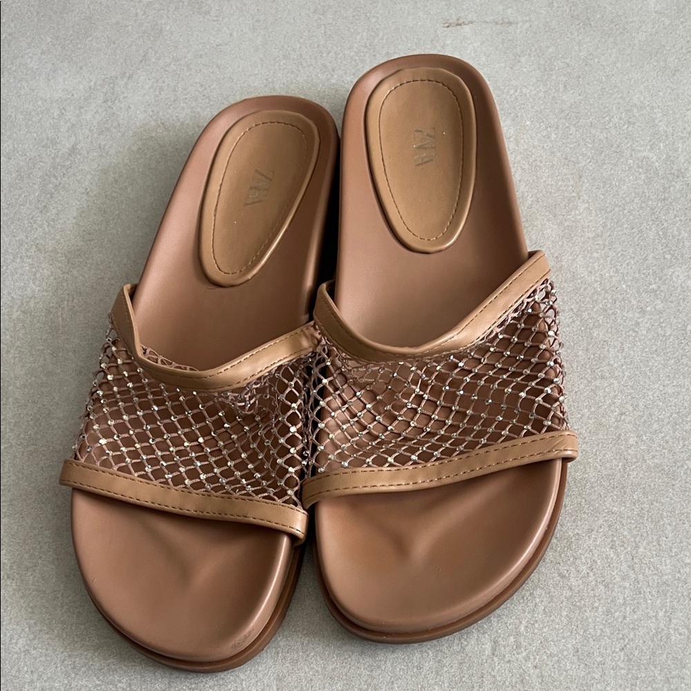 Zara Rhinestone Tan Slide Nude Mesh Sandals